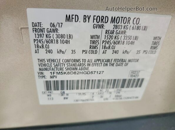 1FM5K8D82HGD57127 2017 FORD EXPLORER Cream Вид наклейки з VIN-кодом