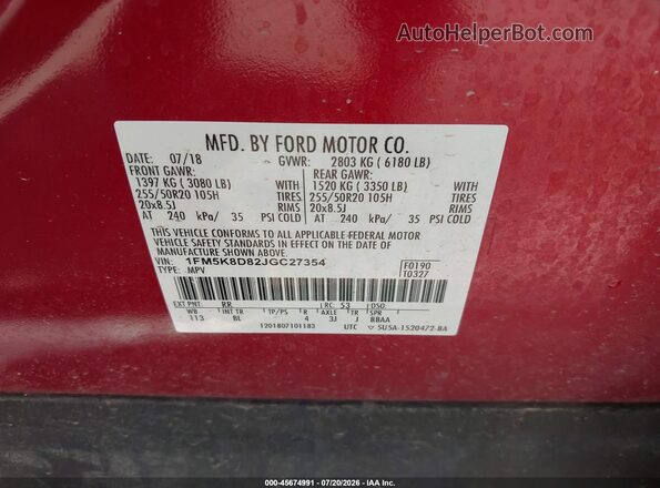 1FM5K8D82JGC27354 2018 FORD EXPLORER Red Widok komory silnika