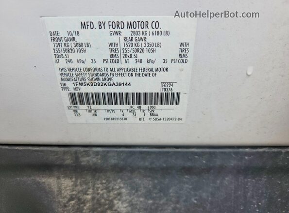 1FM5K8D82KGA39144 2019 FORD EXPLORER White Engine compartment view