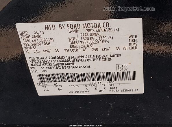 1FM5K8D83GGA03504 2016 FORD EXPLORER Black Widok komory silnika