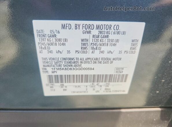 1FM5K8D83GGD00594 2016 FORD EXPLORER Green VIN կոդի պիտակի տեսք