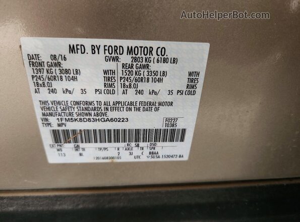 1FM5K8D83HGA60223 2017 FORD EXPLORER Cream VIN կոդի պիտակի տեսք