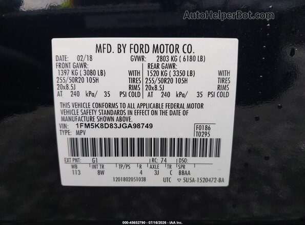 1FM5K8D83JGA98749 2018 FORD EXPLORER Черный Вид подкапотного пространства