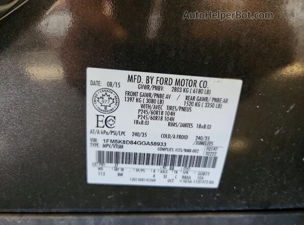 1FM5K8D84GGA58933 2016 FORD EXPLORER Gray Вид наклейки з VIN-кодом
