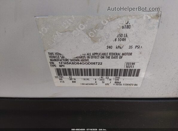 1FM5K8D84GGD08722 2016 FORD EXPLORER White Engine compartment view