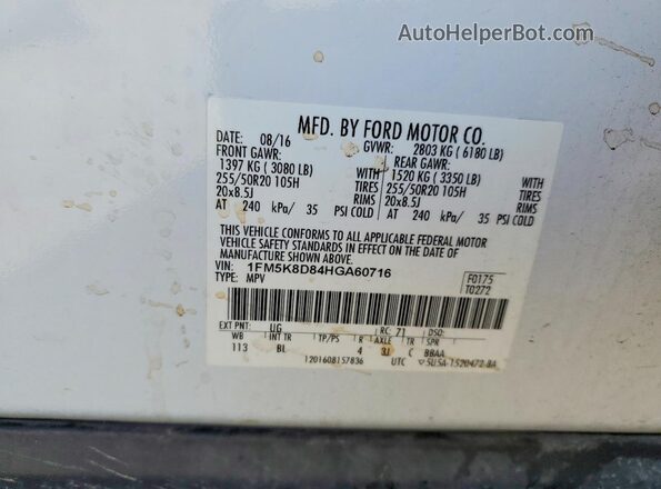 1FM5K8D84HGA60716 2017 FORD EXPLORER White VIN կոդի պիտակի տեսք
