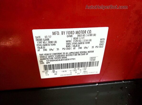 1FM5K8D84HGD51751 2017 FORD EXPLORER Red Вид наклейки з VIN-кодом