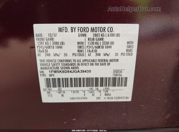 1FM5K8D84JGA39435 2018 FORD EXPLORER Maroon Вид підкапотного простору
