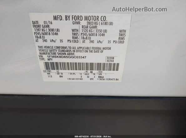 1FM5K8D85GGC03347 2016 FORD EXPLORER White Вид підкапотного простору