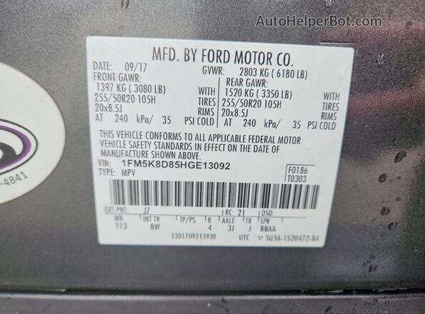 1FM5K8D85HGE13092 2017 FORD EXPLORER Gray 360 interior view