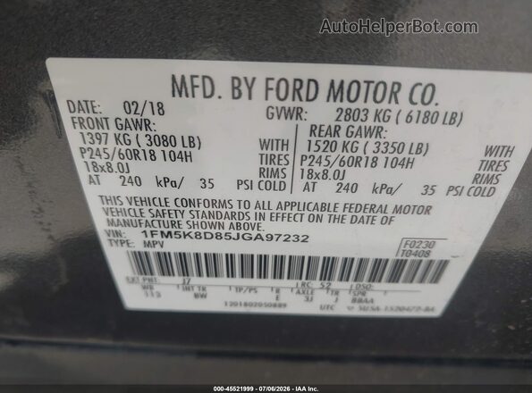 1FM5K8D85JGA97232 2018 FORD EXPLORER Gray ძრავის განყოფილების ხედი