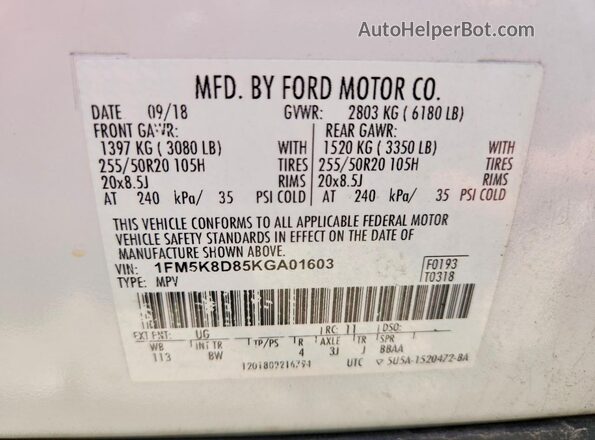 1FM5K8D85KGA01603 2019 FORD EXPLORER White VIN կոդի պիտակի տեսք