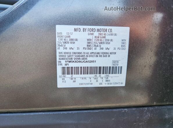 1FM5K8D86JGA52851 2018 FORD EXPLORER Gray Widok wnętrza 360 stopni