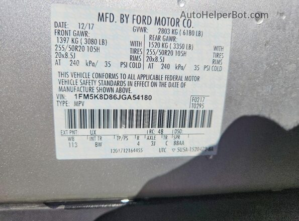 1FM5K8D86JGA54180 2018 FORD EXPLORER Silver Вид підкапотного простору