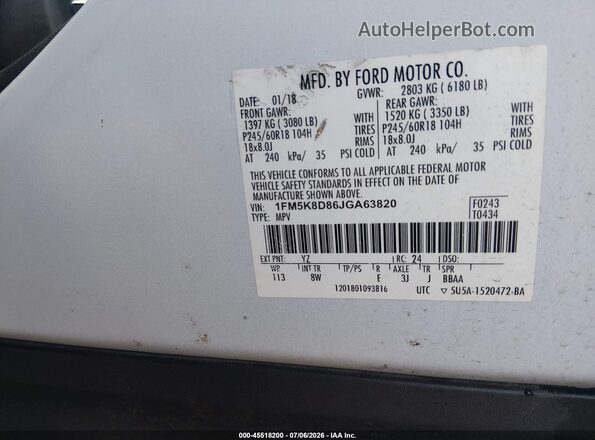 1FM5K8D86JGA63820 2018 FORD EXPLORER Белый Вид подкапотного пространства