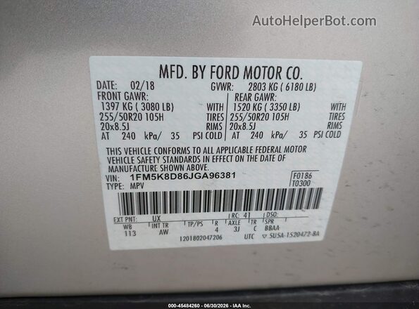1FM5K8D86JGA96381 2018 FORD EXPLORER Silver Vista del compartimento del motor
