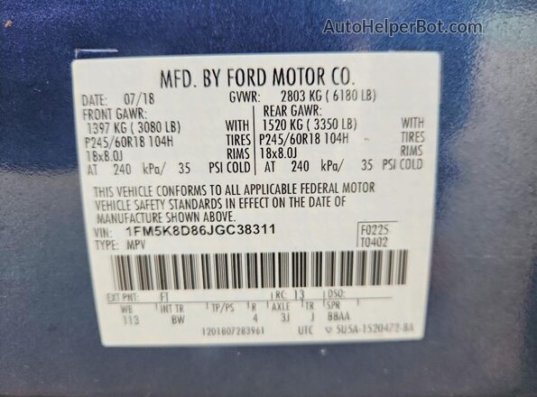 1FM5K8D86JGC38311 2018 FORD EXPLORER Blue VIN კოდის სტიკერის ხედი