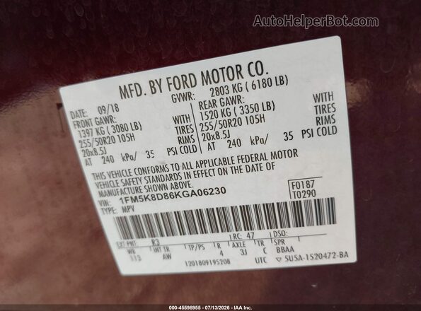 1FM5K8D86KGA06230 2019 FORD EXPLORER Maroon Engine compartment view