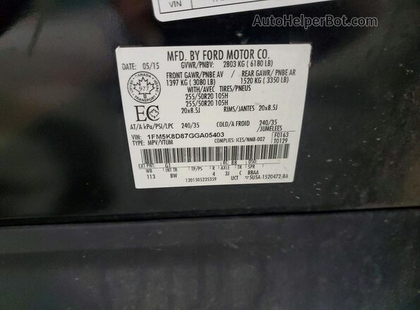1FM5K8D87GGA05403 2016 FORD EXPLORER Black VIN sticker view