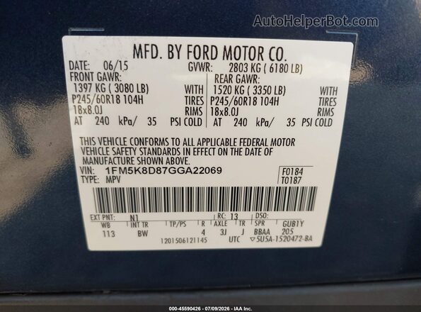 1FM5K8D87GGA22069 2016 FORD EXPLORER Blue Vista del compartimento del motor