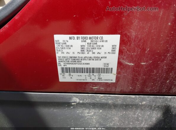 1FM5K8D87GGC53585 2016 FORD EXPLORER Красный Вид подкапотного пространства