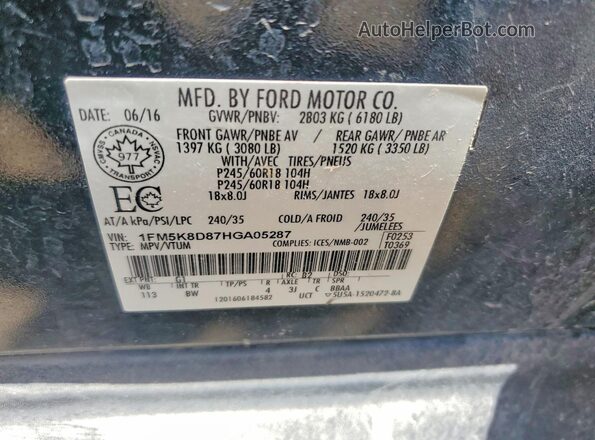 1FM5K8D87HGA05287 2017 FORD EXPLORER Black Vista de la etiqueta del VIN