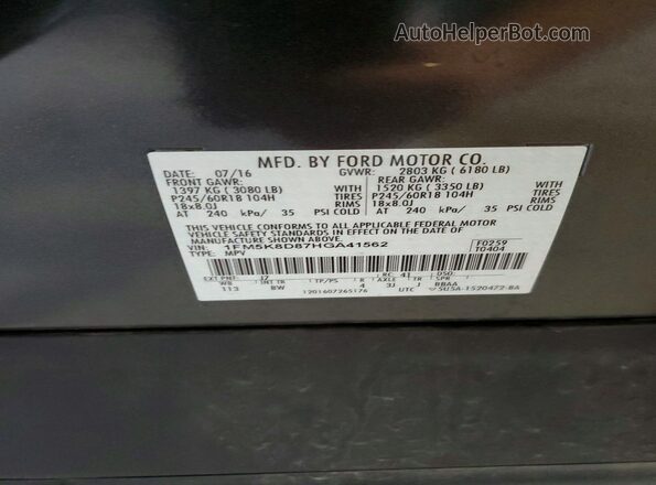 1FM5K8D87HGA41562 2017 FORD EXPLORER Charcoal Вид наклейки з VIN-кодом