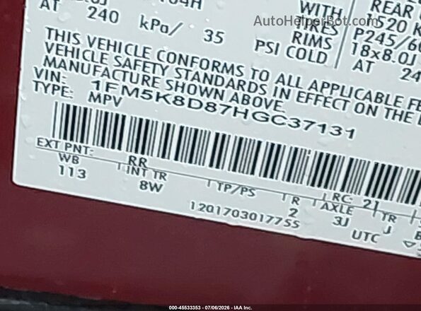 1FM5K8D87HGC37131 2017 FORD EXPLORER Red ძრავის განყოფილების ხედი