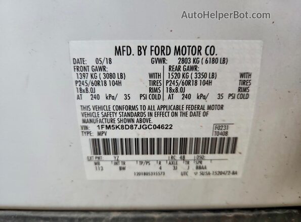 1FM5K8D87JGC04622 2018 FORD EXPLORER White VIN sticker view