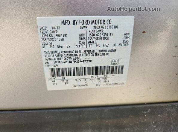 1FM5K8D87KGA47238 2019 FORD EXPLORER Silver Widok naklejki z numerem VIN