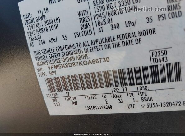 1FM5K8D87KGA66730 2019 FORD EXPLORER Gray Widok komory silnika