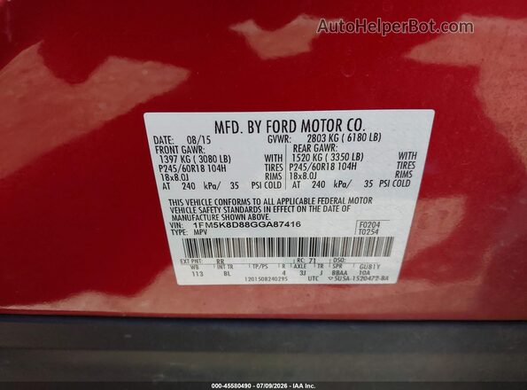1FM5K8D88GGA87416 2016 FORD EXPLORER Red Вид підкапотного простору