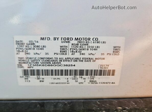 1FM5K8D88GGC38254 2016 FORD EXPLORER White Vista de la etiqueta del VIN