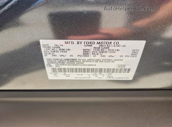 1FM5K8D88HGA02804 2017 FORD EXPLORER Gray VIN sticker view