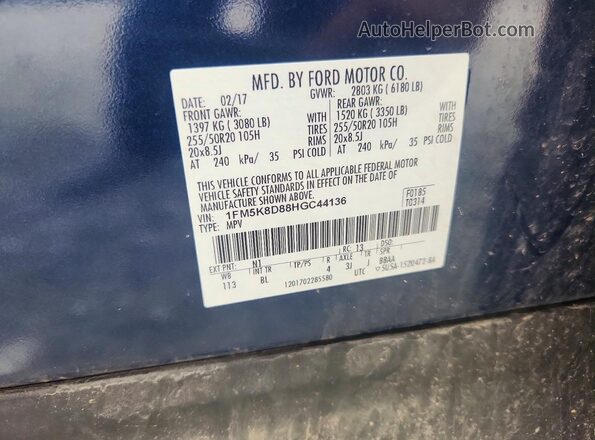 1FM5K8D88HGC44136 2017 FORD EXPLORER Blue Widok naklejki z numerem VIN