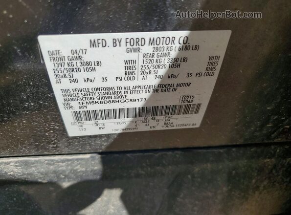 1FM5K8D88HGC89173 2017 FORD EXPLORER Gray VIN კოდის სტიკერის ხედი