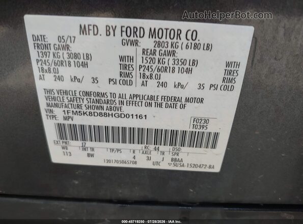 1FM5K8D88HGD01161 2017 FORD EXPLORER Silver Շարժիչի բաժամունքի տեսք