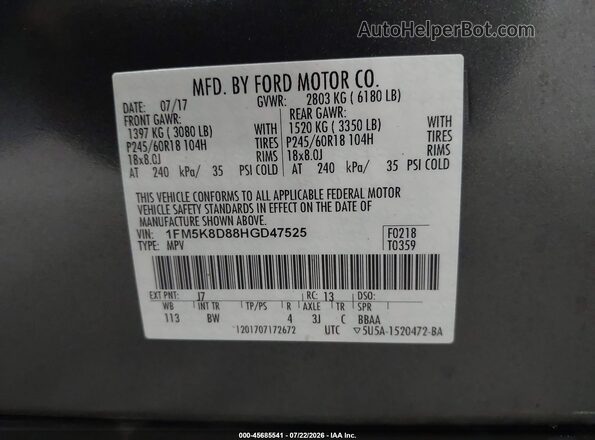 1FM5K8D88HGD47525 2017 FORD EXPLORER Gray Widok komory silnika