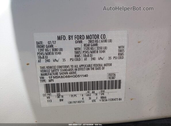 1FM5K8D88HGD51140 2017 FORD EXPLORER White Вид підкапотного простору
