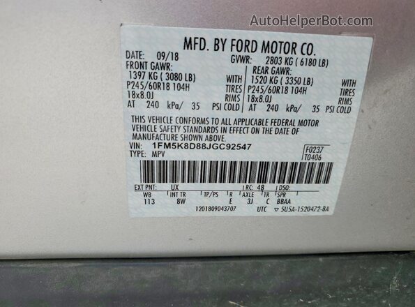 1FM5K8D88JGC92547 2018 FORD EXPLORER Silver VIN sticker view
