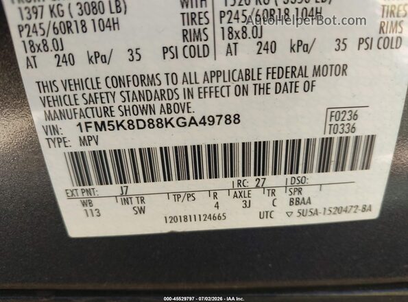 1FM5K8D88KGA49788 2019 FORD EXPLORER Gray Vista del compartimento del motor