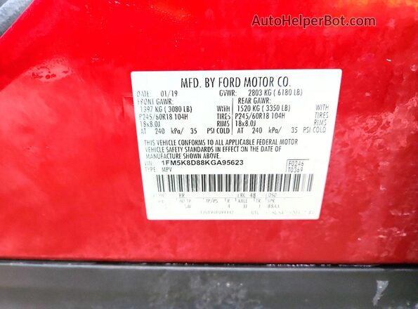 1FM5K8D88KGA95623 2019 FORD EXPLORER Red VIN კოდის სტიკერის ხედი