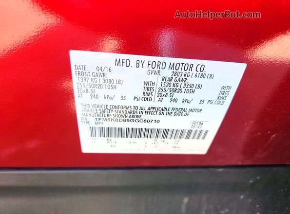 1FM5K8D89GGC80710 2016 FORD EXPLORER Red VIN կոդի պիտակի տեսք