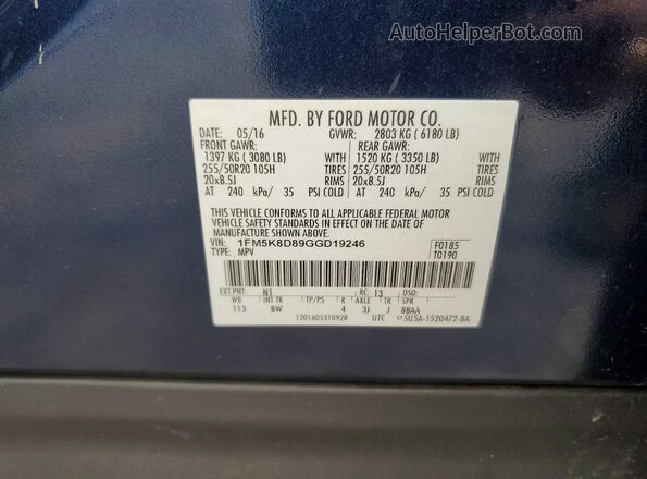 1FM5K8D89GGD19246 2016 FORD EXPLORER Blue VIN sticker view