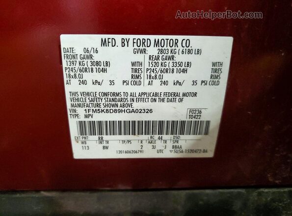 1FM5K8D89HGA02326 2017 FORD EXPLORER Red 360 interior view