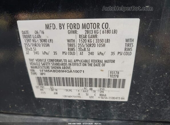 1FM5K8D89HGA10071 2017 FORD EXPLORER Black Widok komory silnika