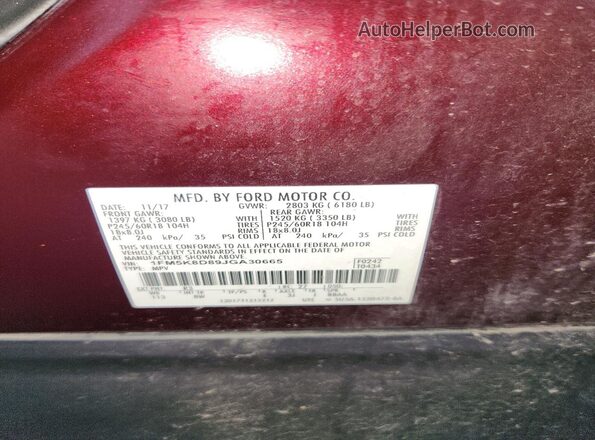 1FM5K8D89JGA30665 2018 FORD EXPLORER Maroon Вид наклейки з VIN-кодом
