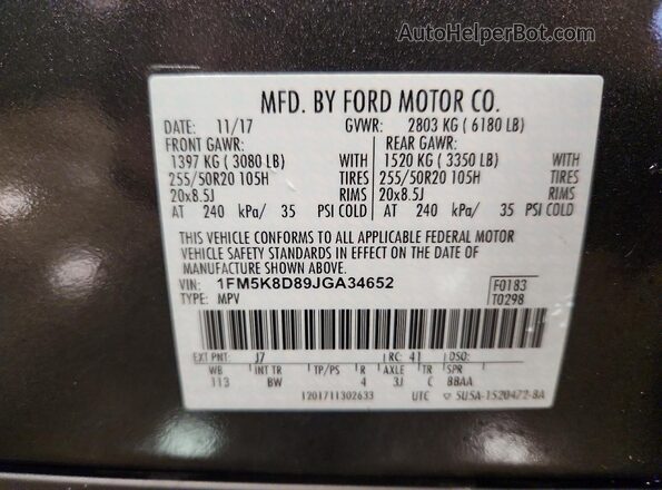 1FM5K8D89JGA34652 2018 FORD EXPLORER Gray VIN sticker view
