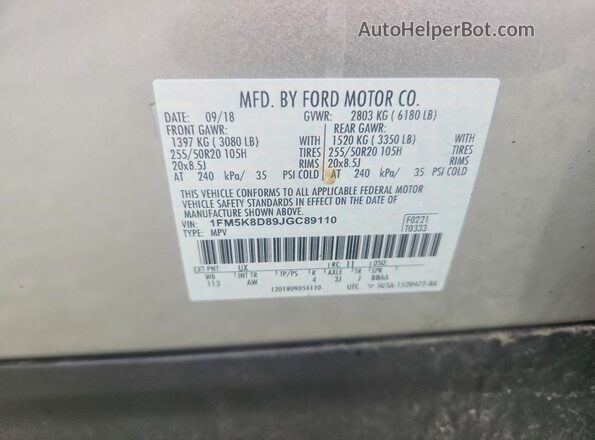 1FM5K8D89JGC89110 2018 FORD EXPLORER Silver Սալոնի 360 աստիճան տեսք