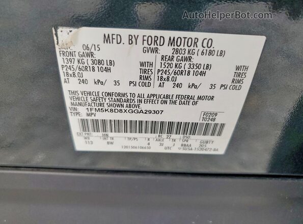 1FM5K8D8XGGA29307 2016 FORD EXPLORER Green Widok naklejki z numerem VIN